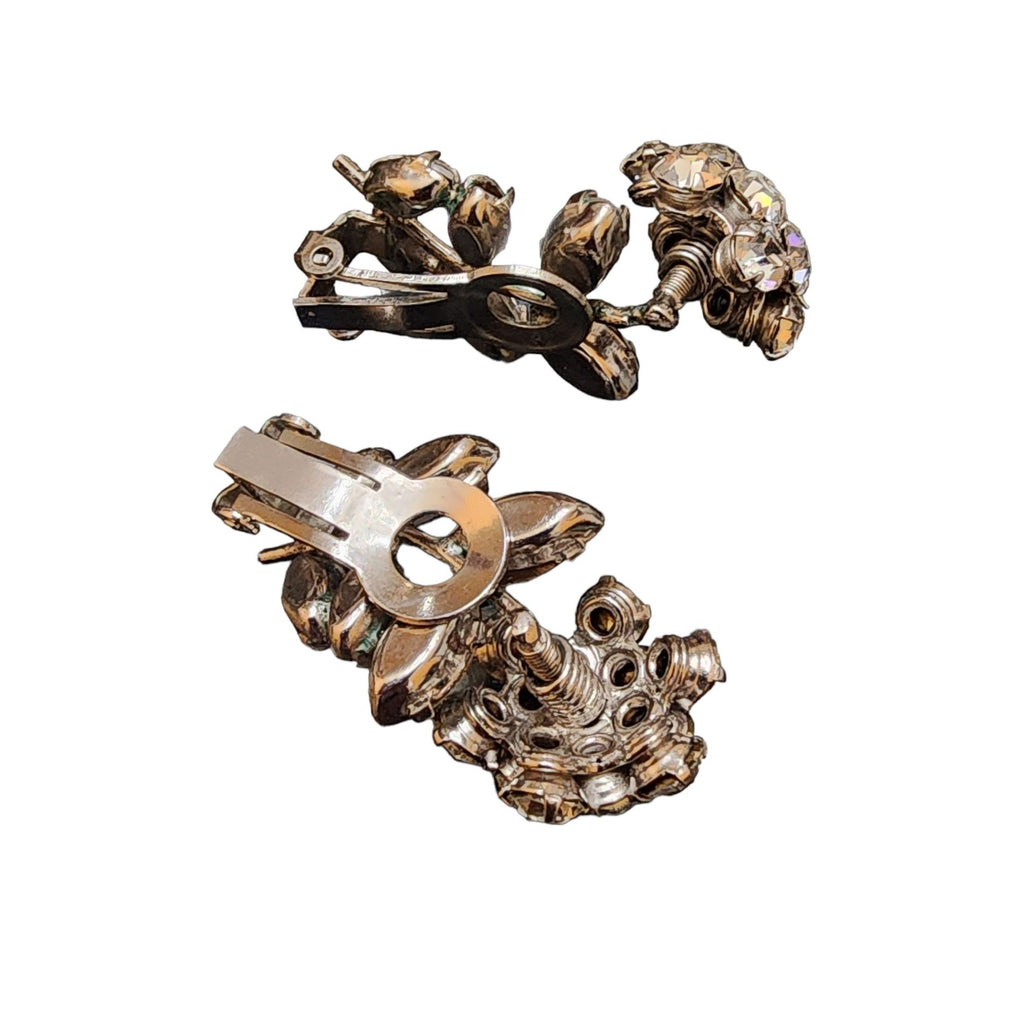 Vintage Unsigned Verified Schreiner Trembling Rhinestone Flower Brooch & Ear Set