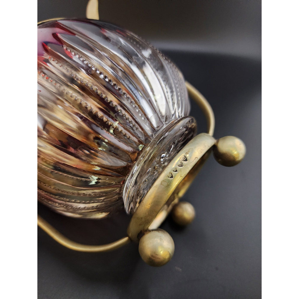 Antique Cranberry Flashed Jam Jar In Hallmarked Brass Holder (A6277)
