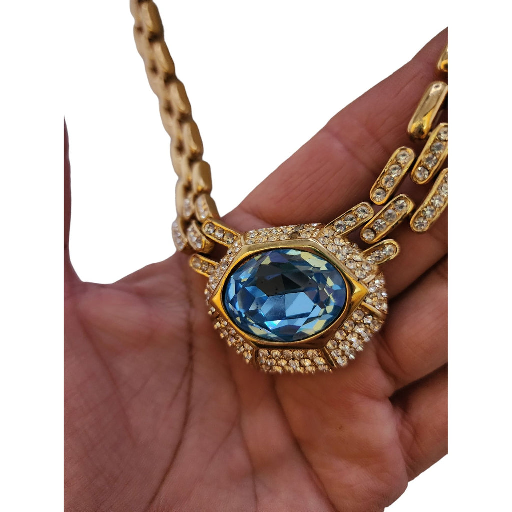 Vintage Rare Signed Ciner Aqua Blue Faceted Glass & Rhinestone Collar Necklace