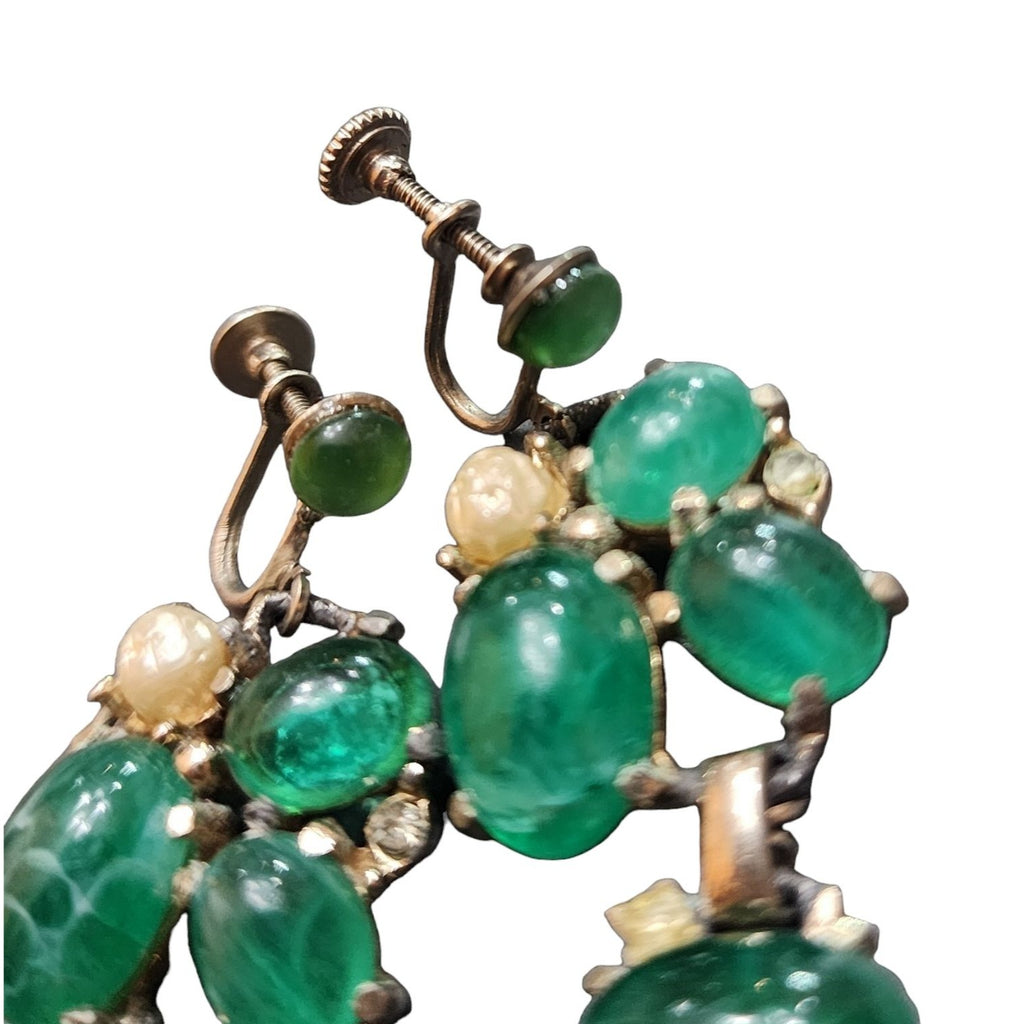 Vintage Unsigned Flawed Emerald Glass Screw Back Earrings (A4026)