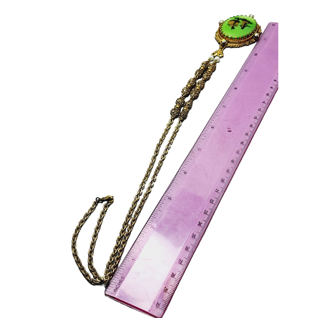 Vintage Signed W Germany Rare Lime Green Porcelain Silhouette Necklace (A1150)