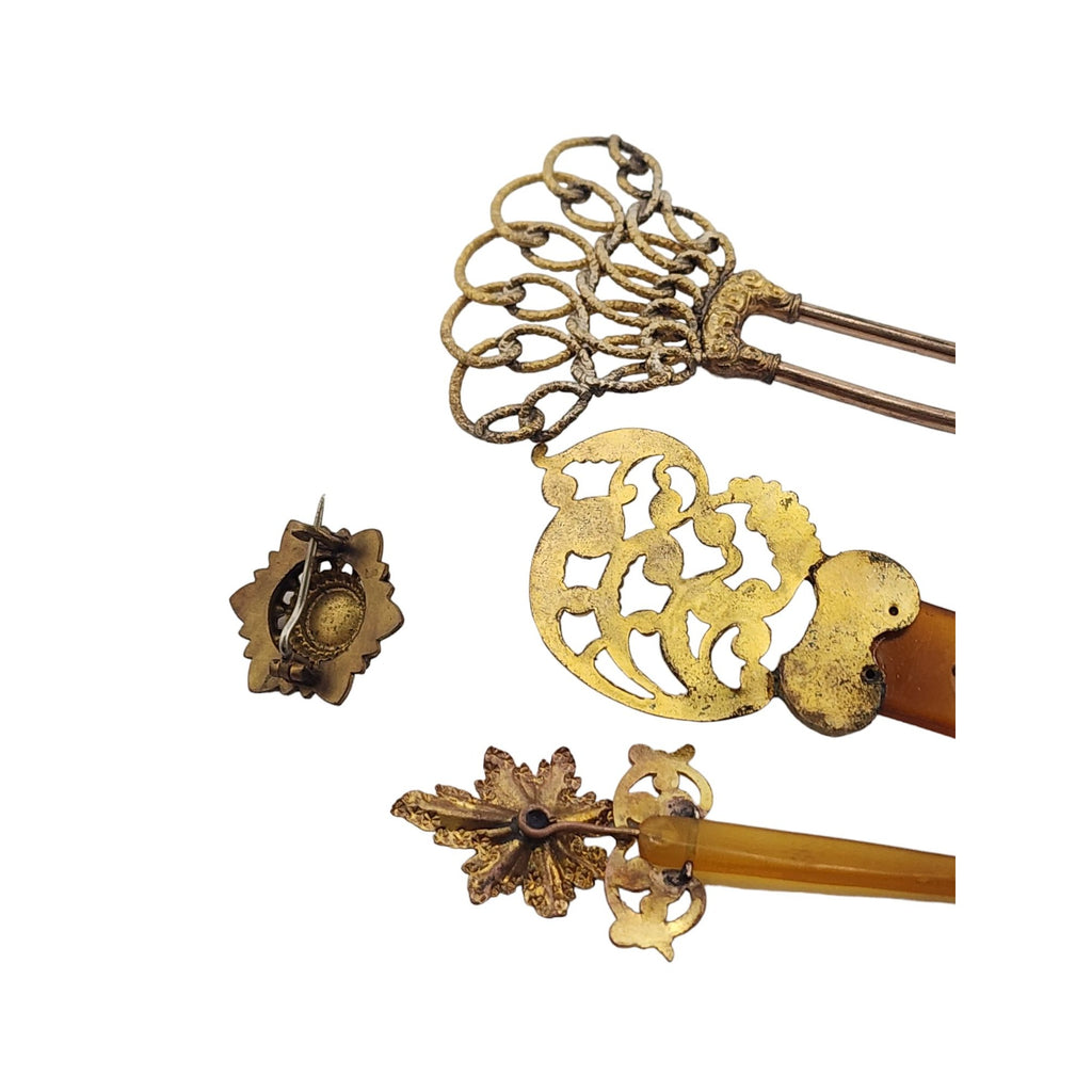 Antique Victorian Ornamental Lot Of GF/Low Karat Gold Unique Hair Picks & Pin