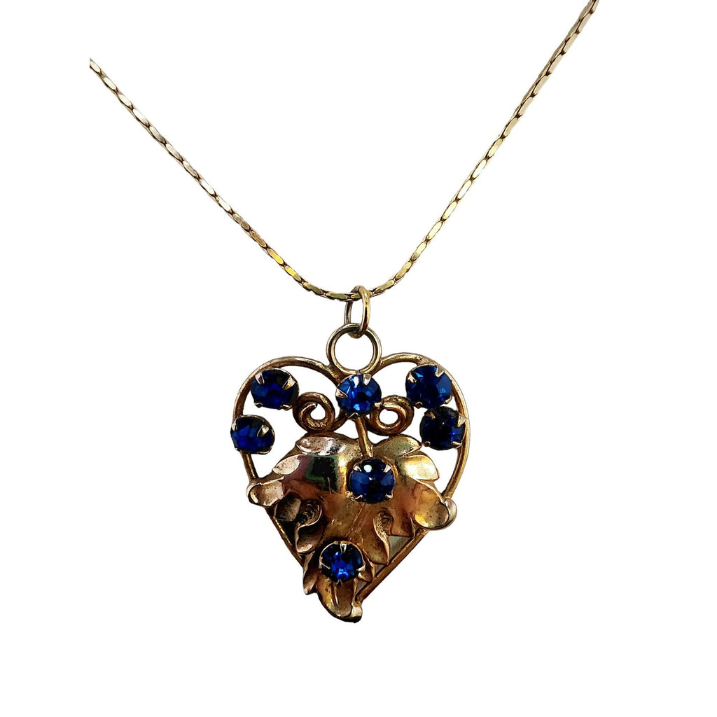 Vintage Gold Filled Heart Leaf Rhinestone Pendant Necklace (A4038)