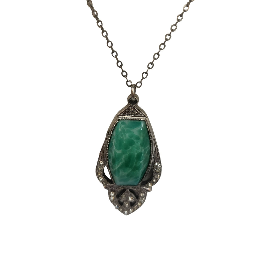 Antique Mottled Green Glass Art Deco & Paste Pendant Necklace (A3884)
