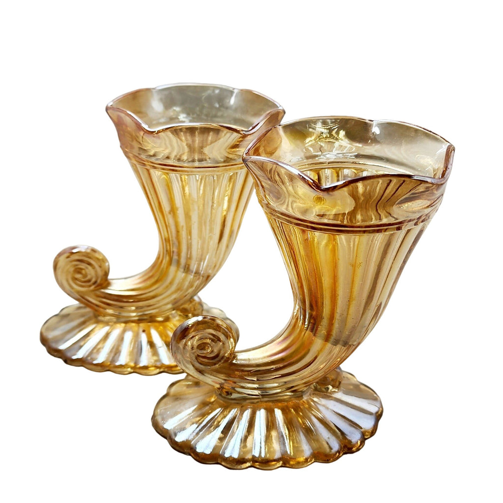 Vintage Carnival Glass Cornucopia Vase Set (A5101)