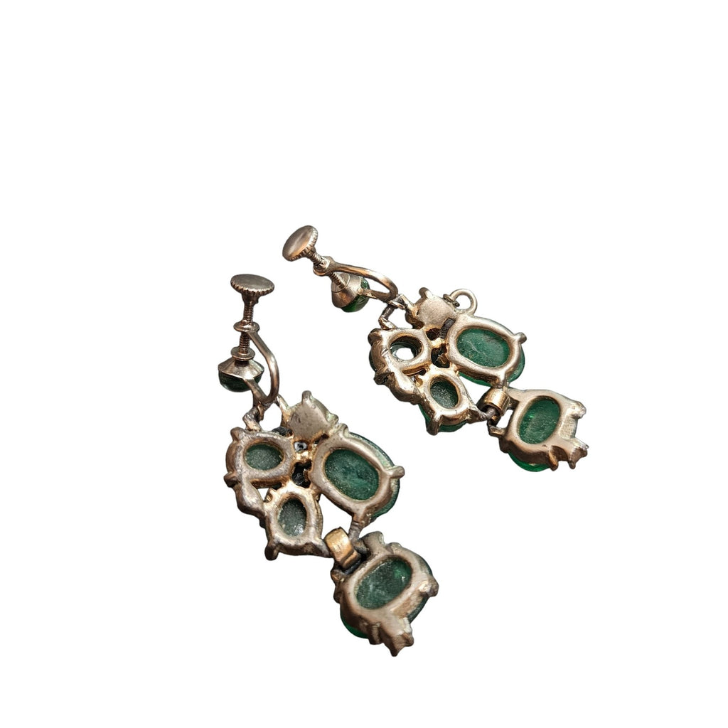 Vintage Unsigned Flawed Emerald Glass Screw Back Earrings (A4026)