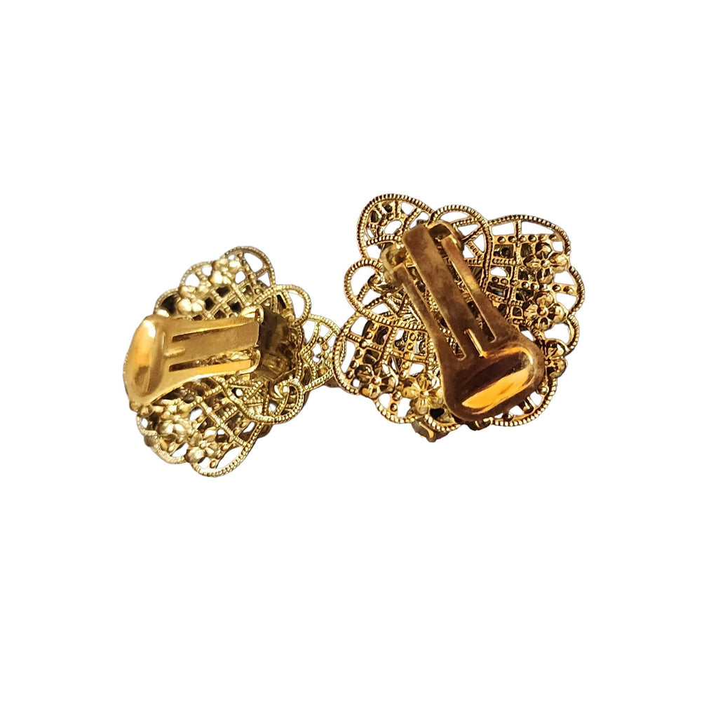 Vintage Filigree & Jeweled Clip Earrings (A2344)