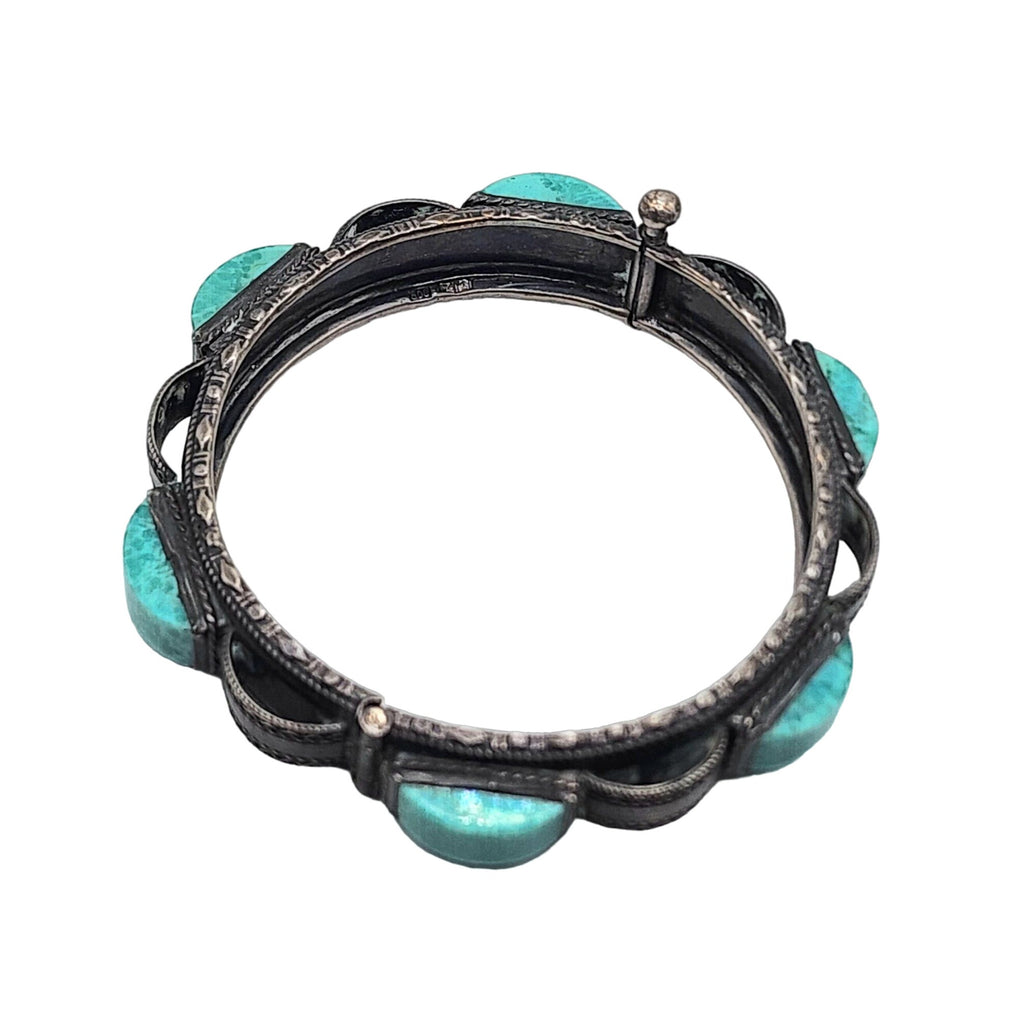 Antique Sterling Silver Curved Turquoise Bangle Bracelet (A5063)