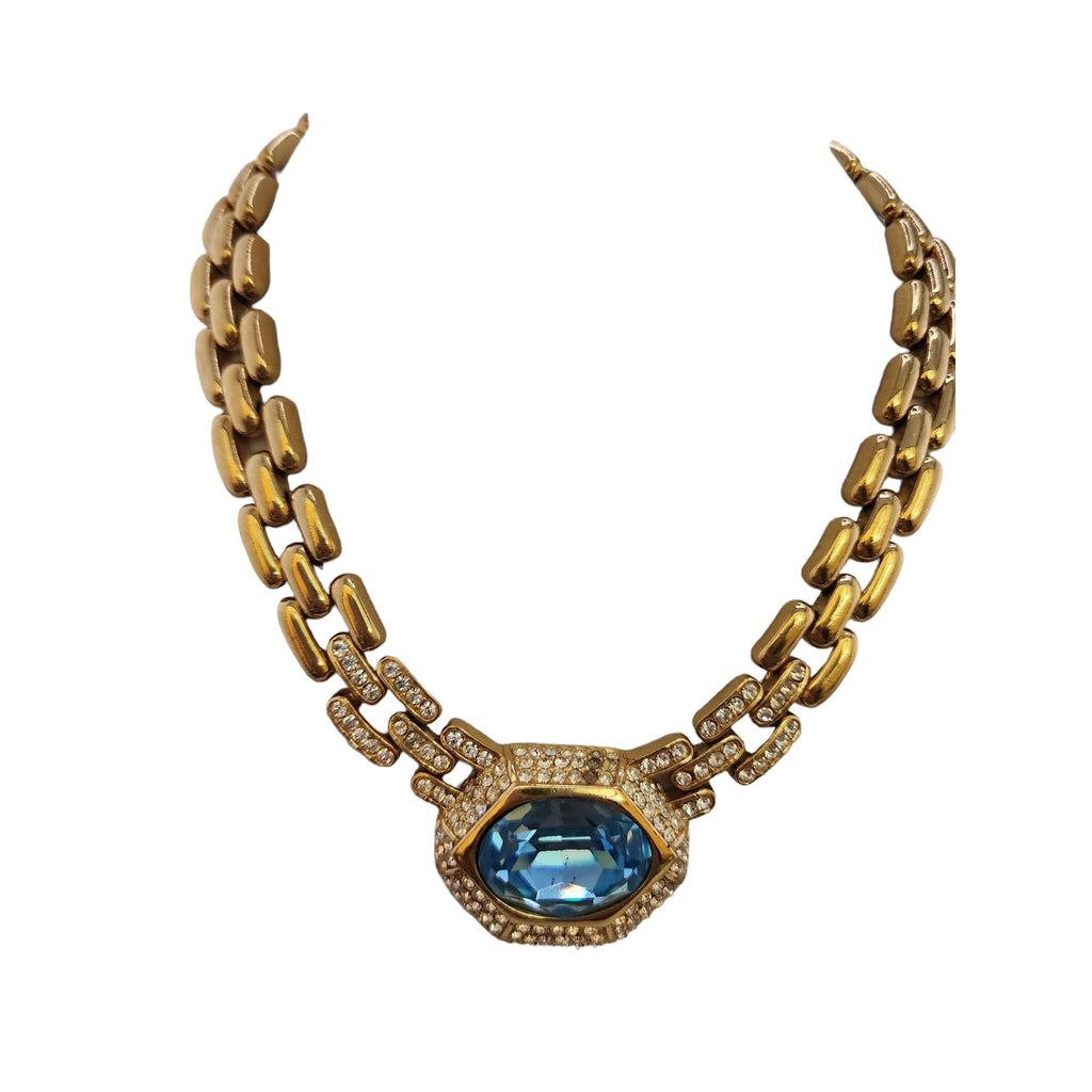 Vintage Rare Signed Ciner Aqua Blue Faceted Glass & Rhinestone Collar Necklace