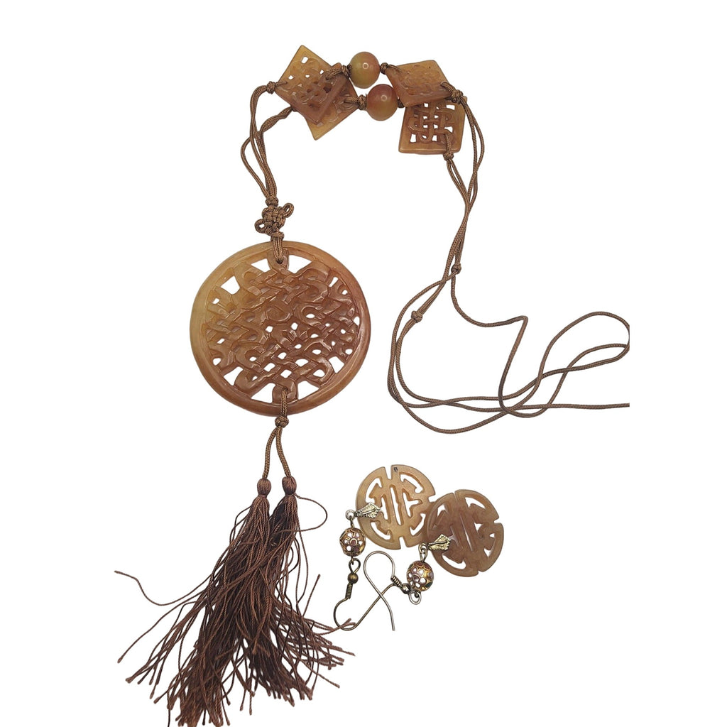 Vintage Jade Silk Cord Necklace & Earrings Set (A5076)