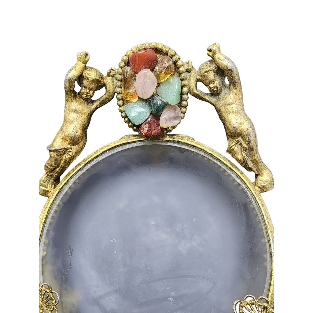 Unusual Vintage Semi Precious Dore Bronze Cherub Footed Glass Trinket Dish A1944