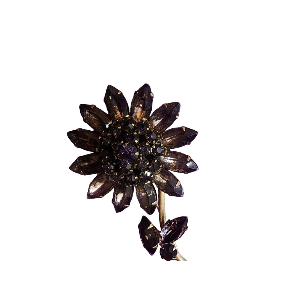 Vintage Purple Glass Riveted Rhinestone Flower Brooch (A4051)