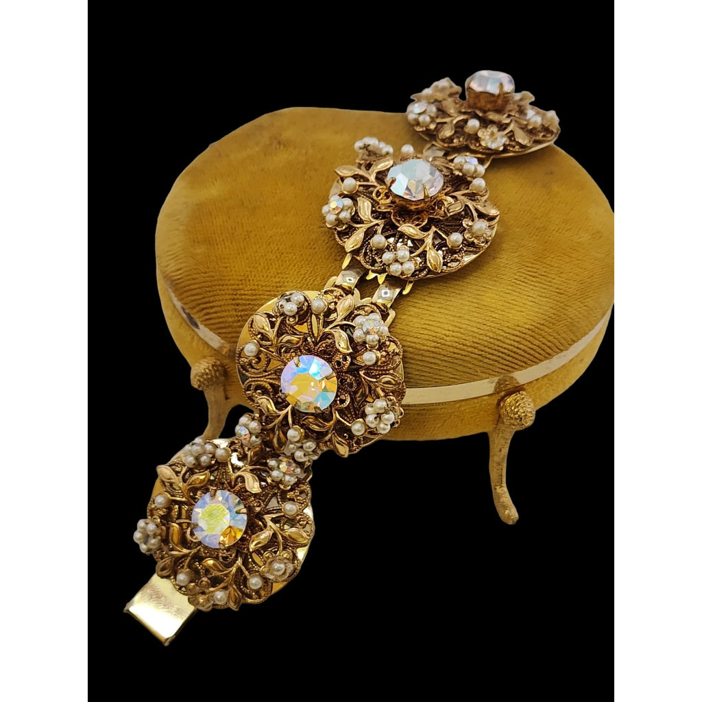 Elaborate Vintage Pearl and Rhinestone Filigree Bracelet (A4880)