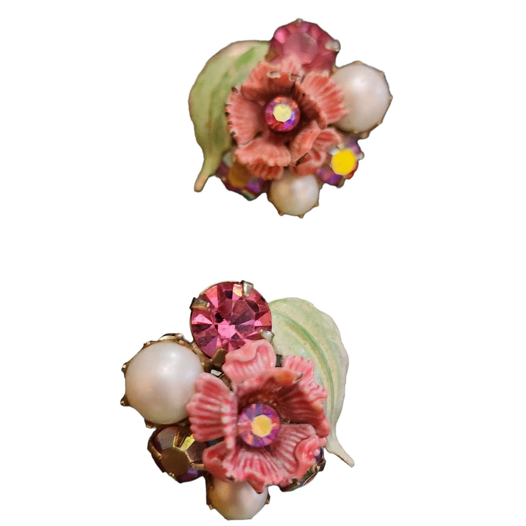 Vintage Kramer Signed Enamel Flowers Earrings (A1994)