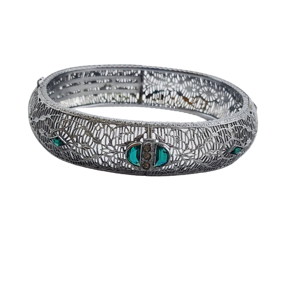 Antique Signed Edwardian Filigree Glass Bangle Bracelet (A3790)
