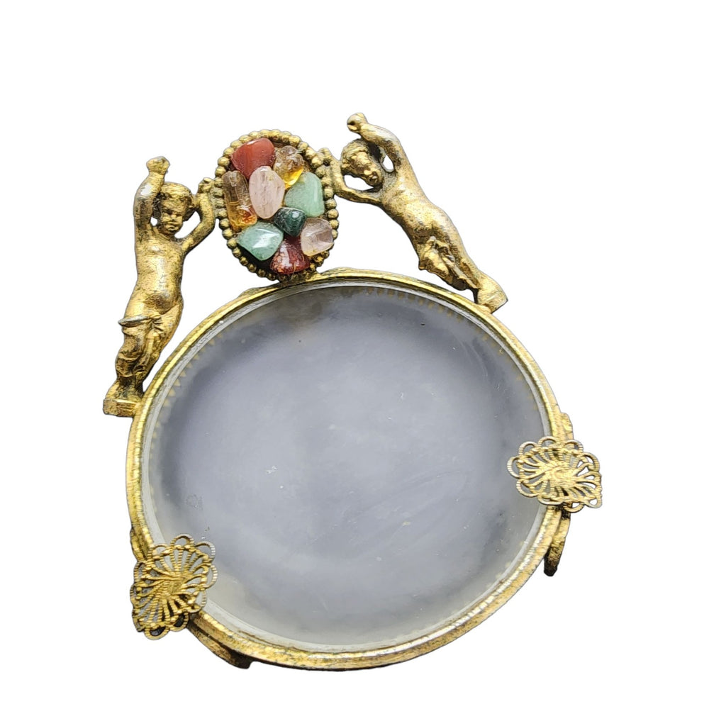 Unusual Vintage Semi Precious Dore Bronze Cherub Footed Glass Trinket Dish A1944