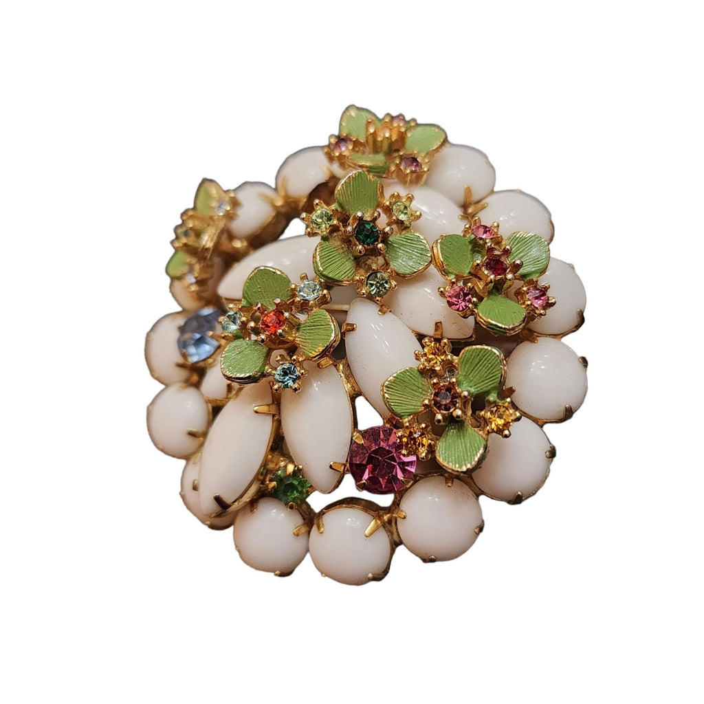 Vintage Milk Glass Rhinestone Enamel Brooch (A2361)