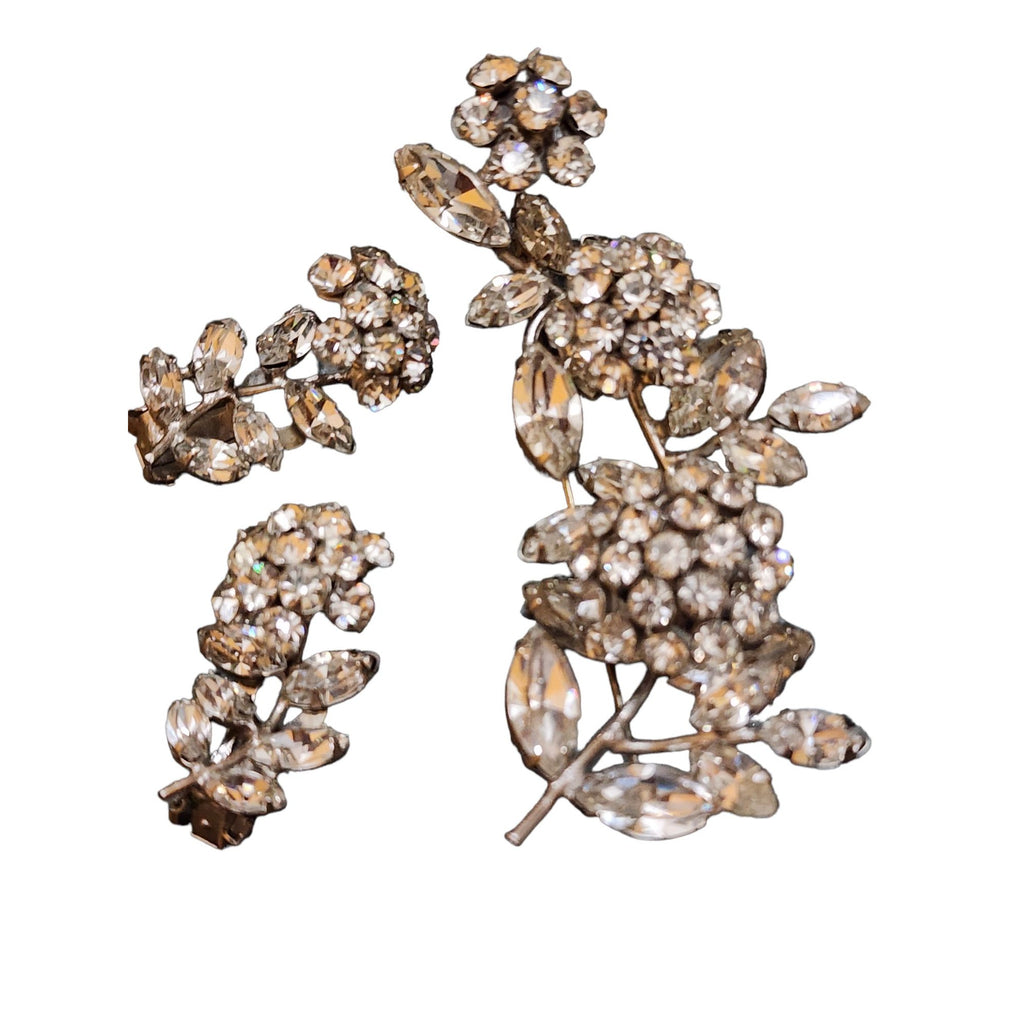 Vintage Unsigned Verified Schreiner Trembling Rhinestone Flower Brooch & Ear Set