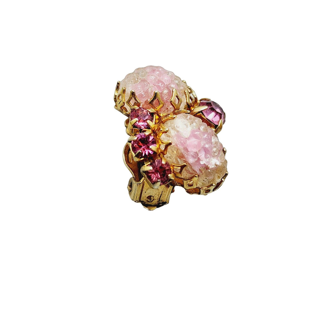Vintage Spectacular Textured Molded Glass & Rhinestone Earrings (A1031)