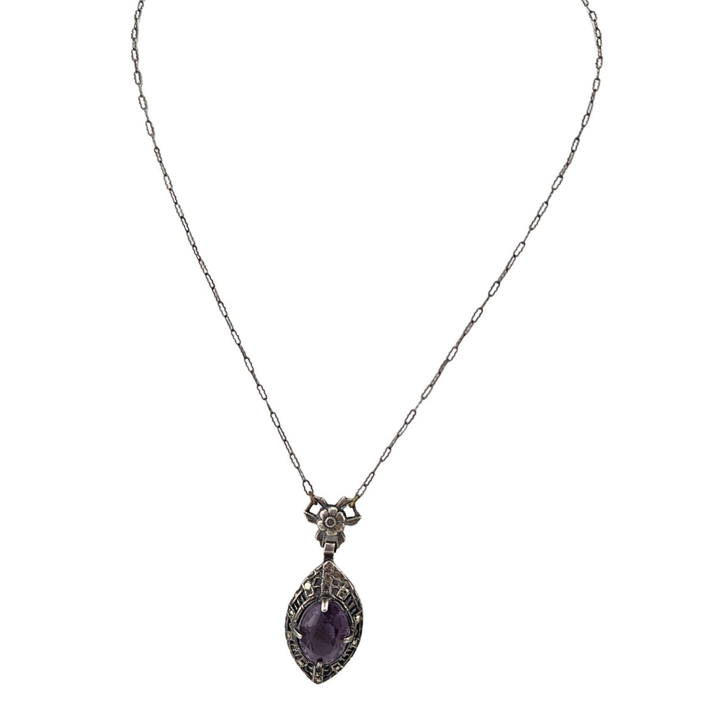 Vintage Beautiful Sterling Art Deco Glass & Marcasite Pendant Necklace (A3324)