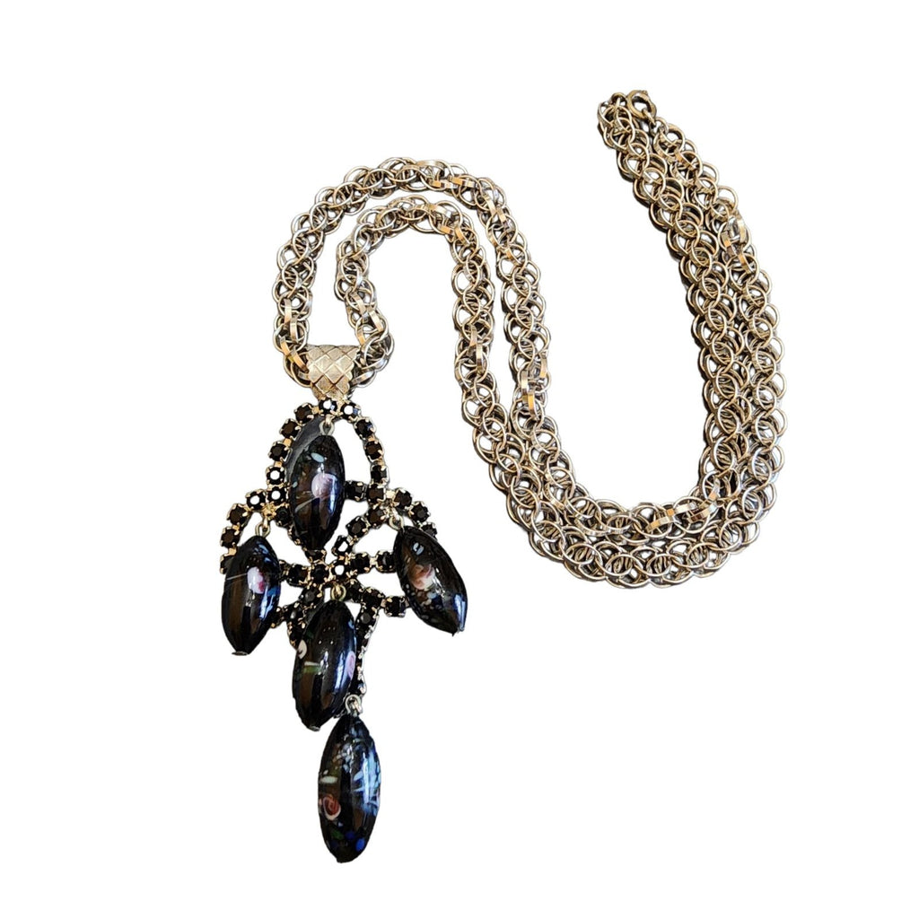 Vintage Rhinestone & Glass Dangle Pendant Necklace (A2063)