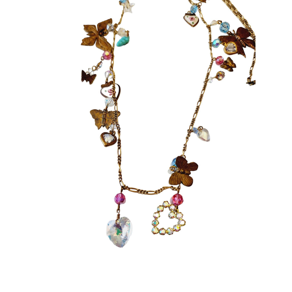 Vintage Pididdly Links Butterfly & Heart Crystal Necklace (A2238)