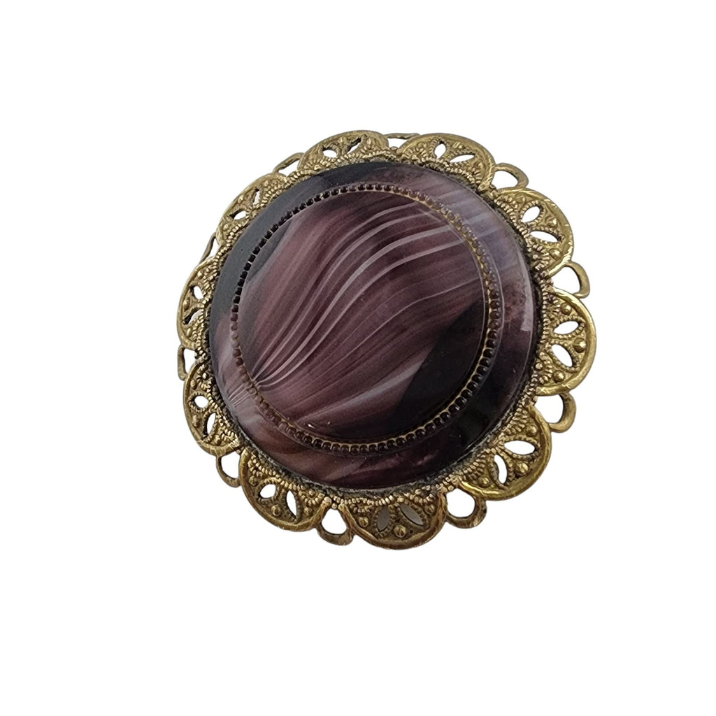 Beautiful Signed Western Germany Purple Slag Glass Brooch (A4991)