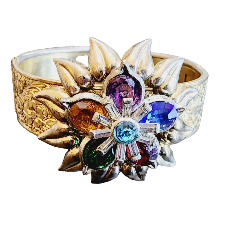 Stunning Antique Riveted Fruit Salad Glass Floral Embossed Bangle Bracelet