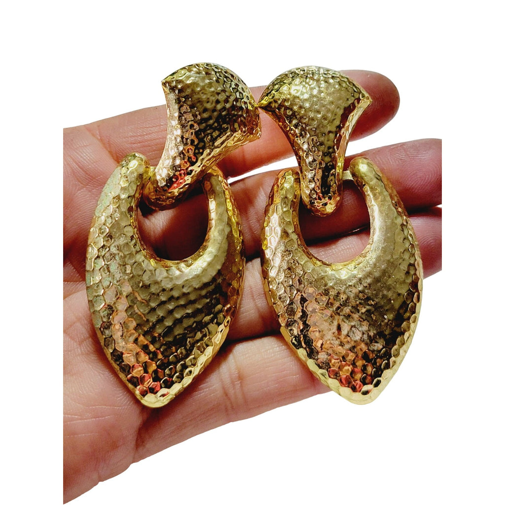 Vintage 80s Huge Runway Elongated Door Knocker Hammered Earrings (A398)