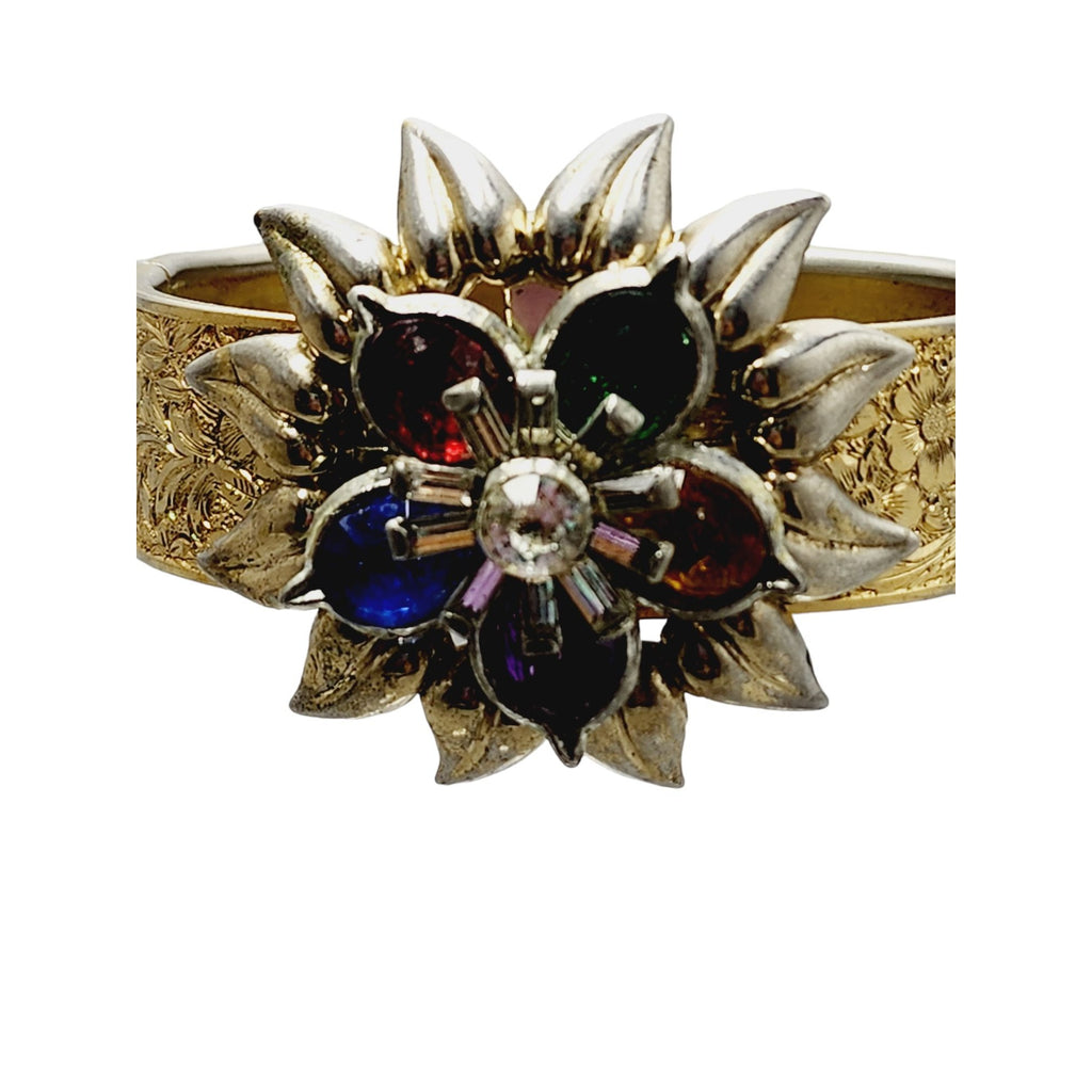 Stunning Antique Riveted Fruit Salad Glass Floral Embossed Bangle Bracelet