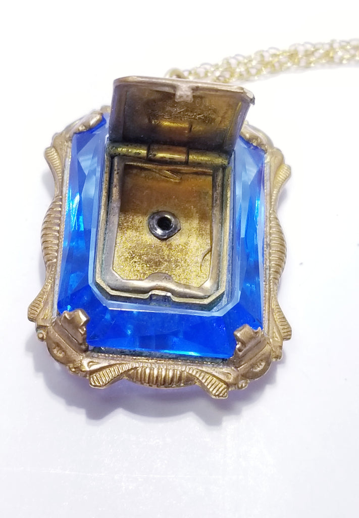 Amazing antique art deco edwardian 10ktgf blue camphor glass locket necklace - Sugar NY