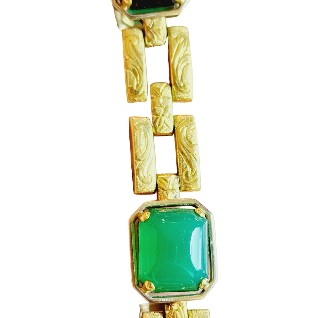 Vintage 18kt Gold Jade & Onyx Embossed Link Bracelet