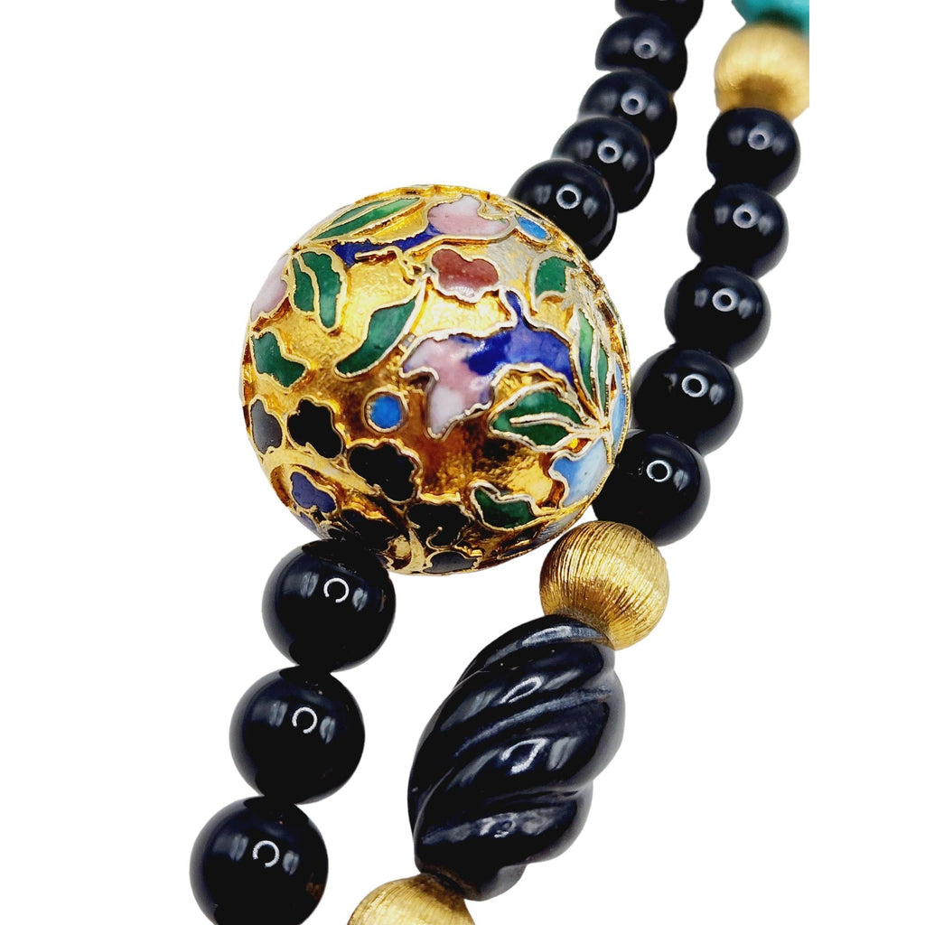 	Vintage Signed Double Strand Onyx Glass & Cloisonne Necklace