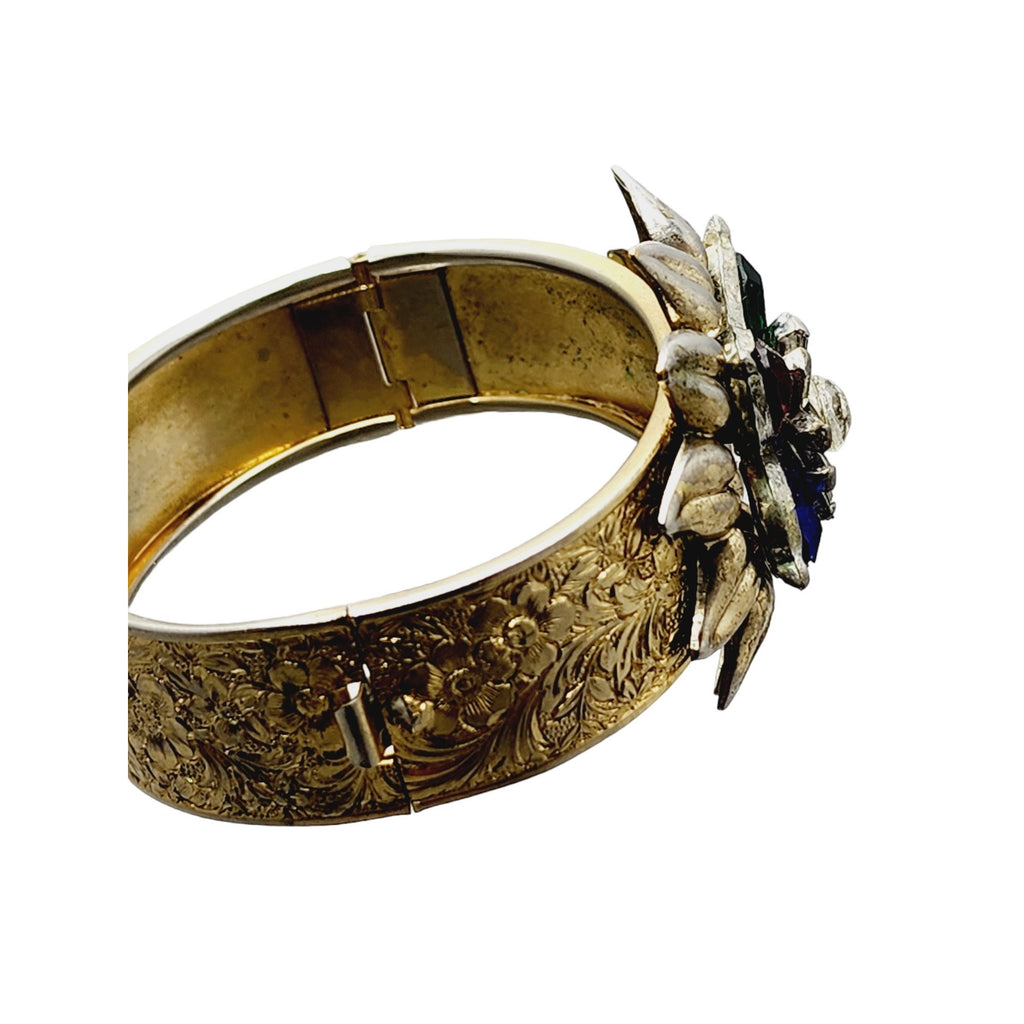 Stunning Antique Riveted Fruit Salad Glass Floral Embossed Bangle Bracelet
