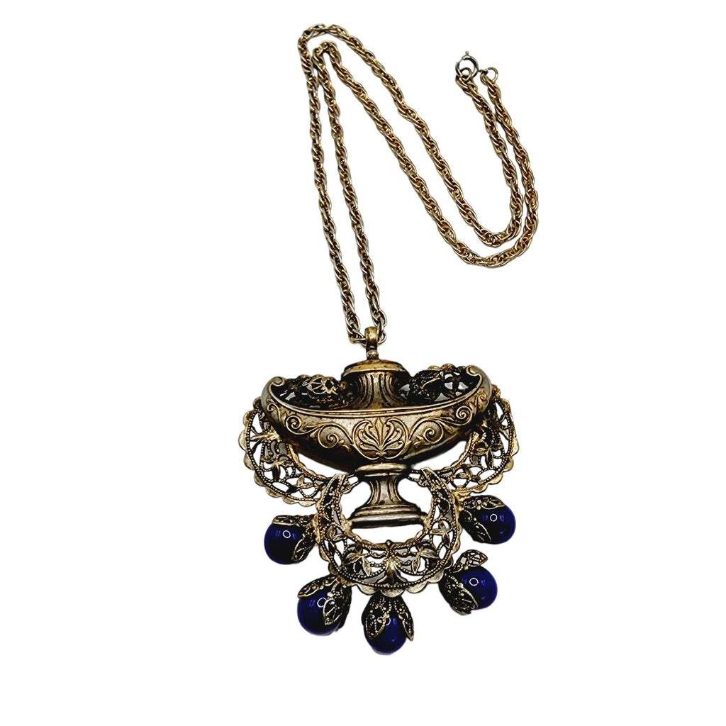 Vintage Unusual Brass Filigree & Glass Urn Pendant Necklace 