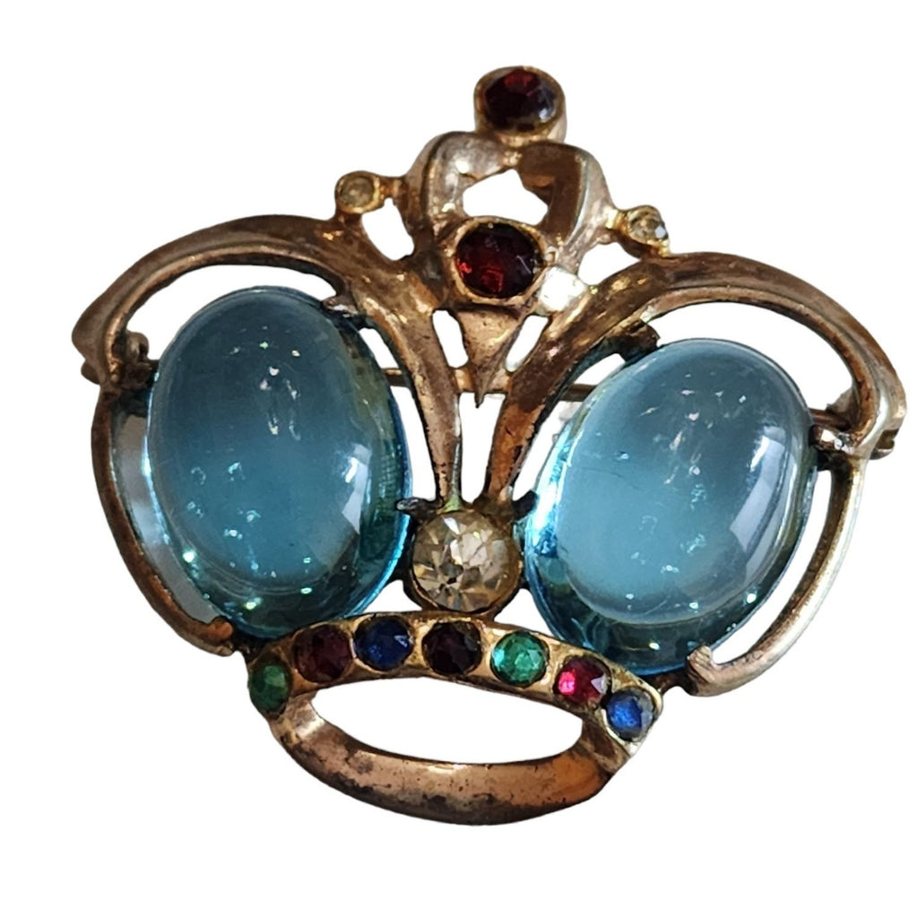 Vintage Signed LCL Sterling w/ Gold Vermeil Glass Jeweled Crown Brooch (A1538)