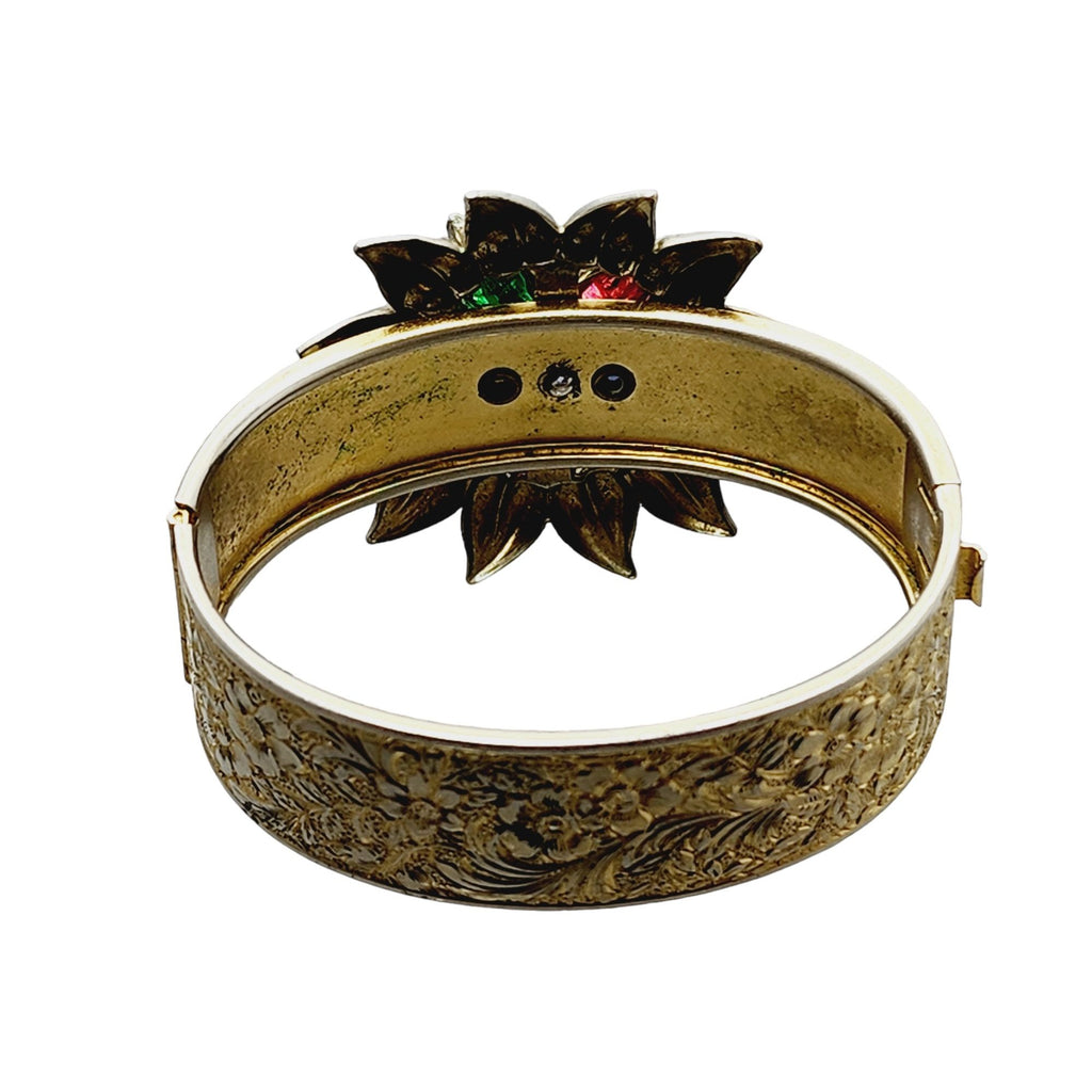 Stunning Antique Riveted Fruit Salad Glass Floral Embossed Bangle Bracelet