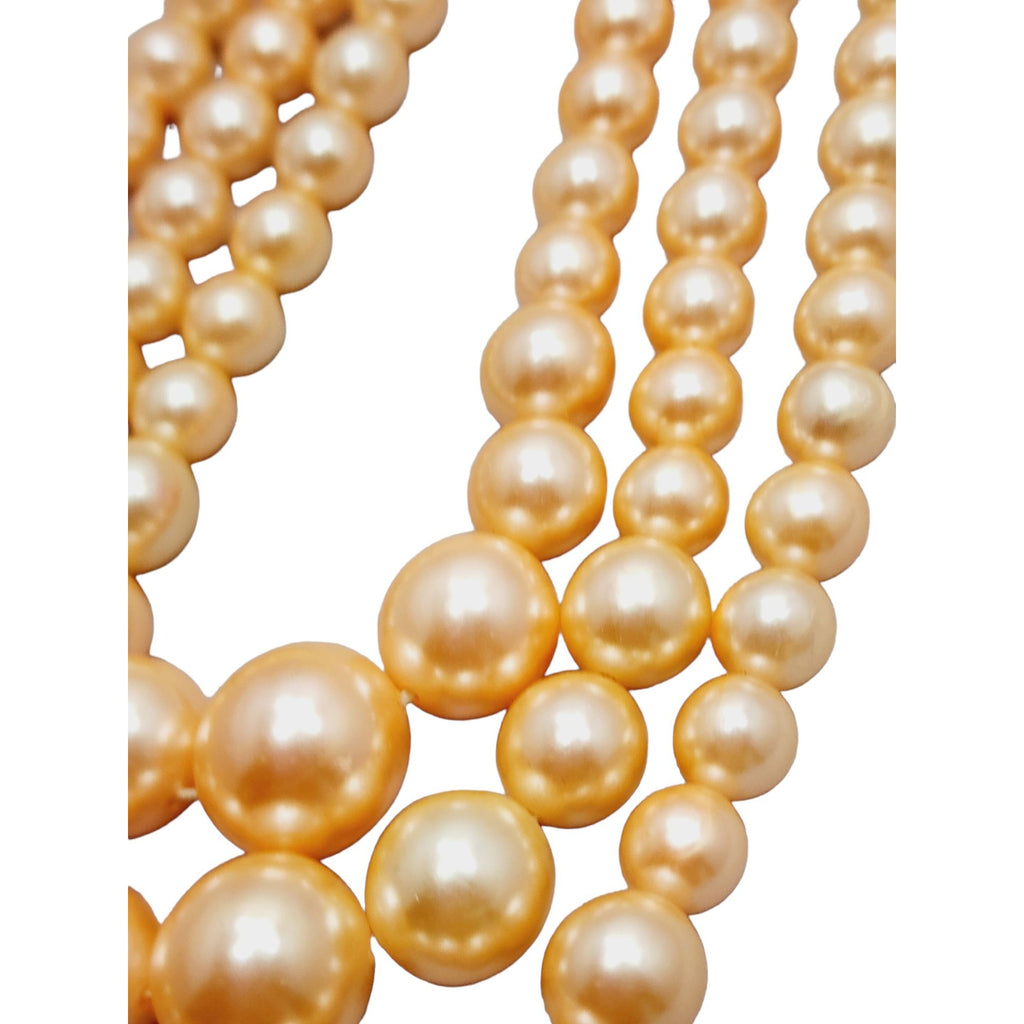 Vintage 50s Japanese Peach Color Luster Triple Strand Faux Pearl Necklace (A1192)