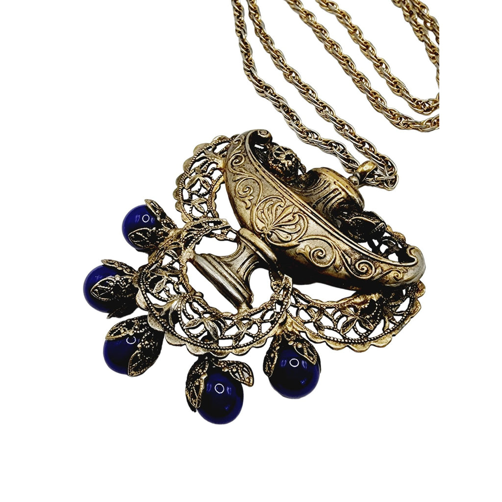 Vintage Unusual Brass Filigree & Glass Urn Pendant Necklace 