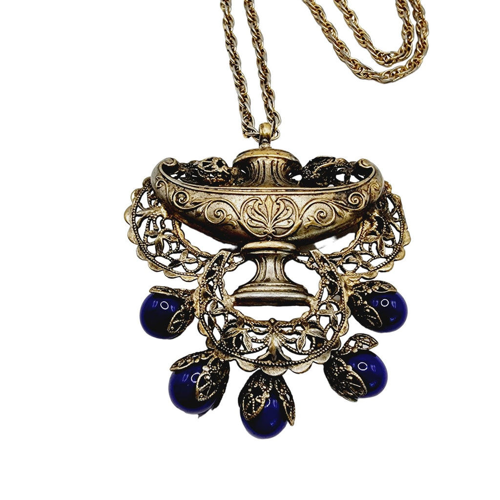 Vintage Unusual Brass Filigree & Glass Urn Pendant Necklace 