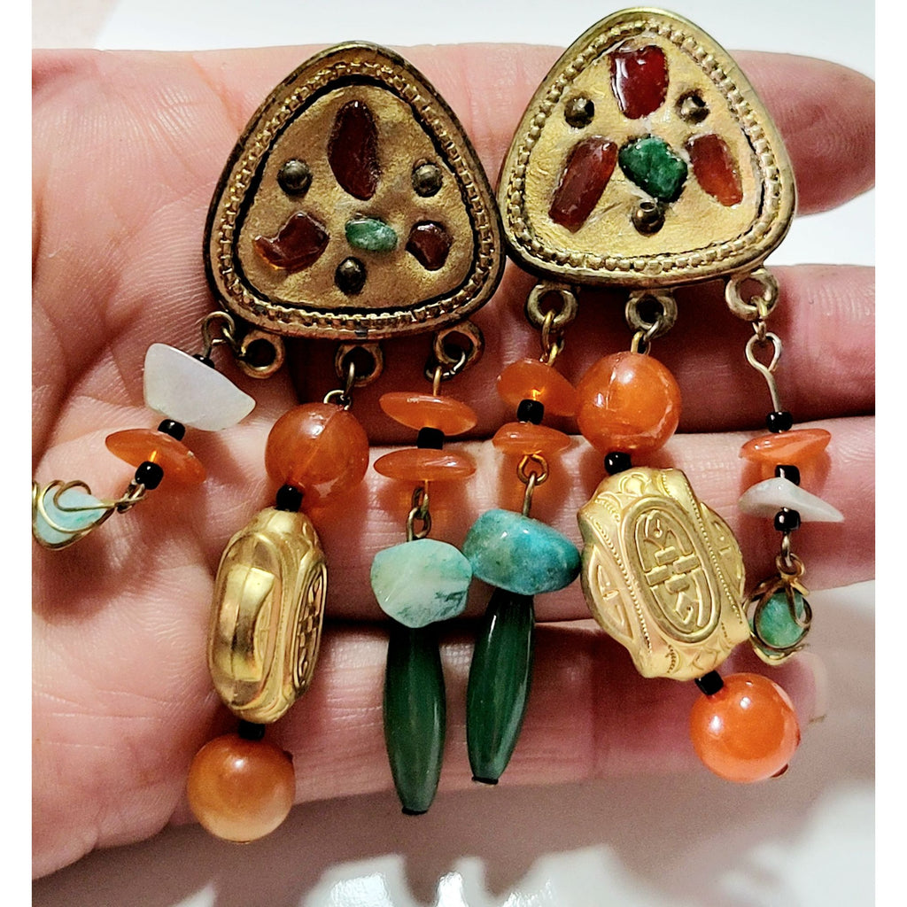 Vintage 80s Mayan Style Dangle Earrings (A399)