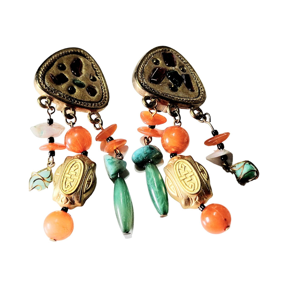 Vintage 80s Mayan Style Dangle Earrings (A399)