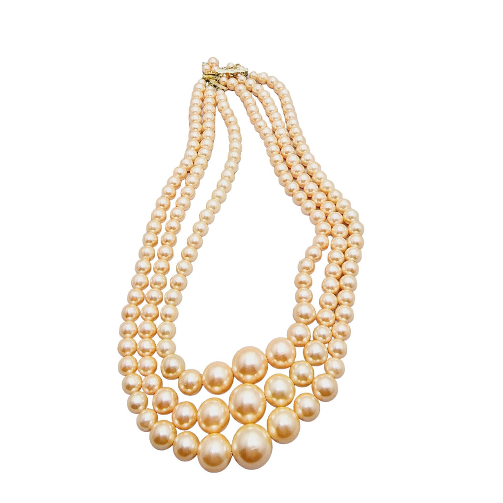 Vintage 50s Japanese Peach Color Luster Triple Strand Faux Pearl Necklace (A1192)