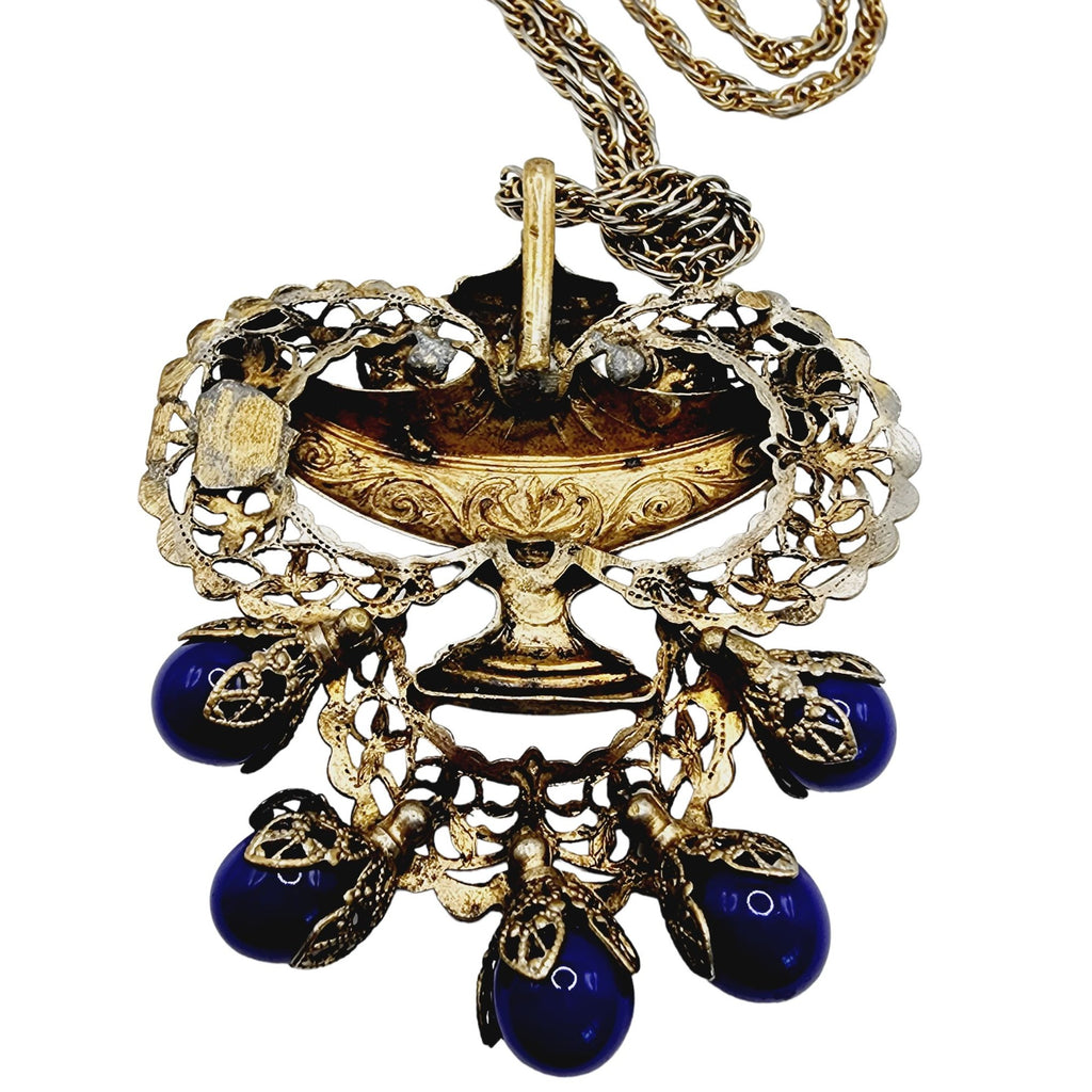 Vintage Unusual Brass Filigree & Glass Urn Pendant Necklace 