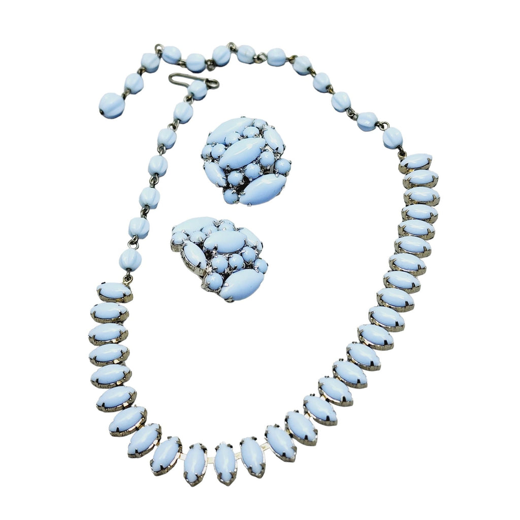 Vintage Unsigned Blue Milk Glass Rhinestone Necklace Set (A1064)