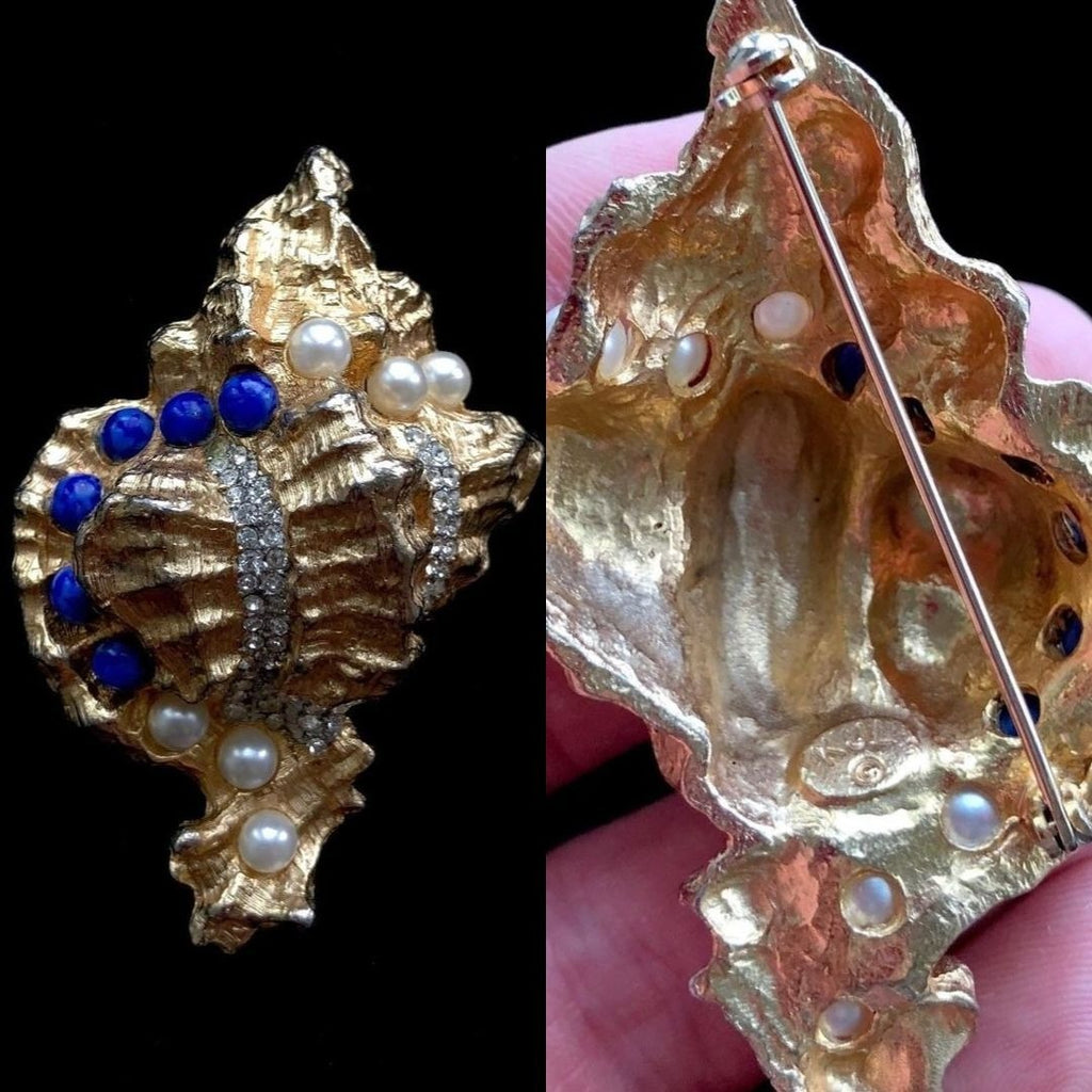 Vintage 60s KJL Unsigned Verified Jeweled Conch Shell Brooch (A1501)