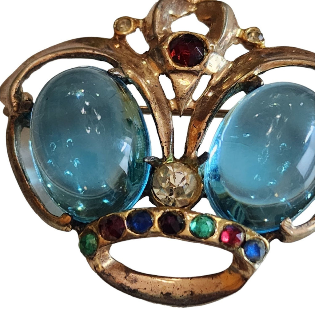Vintage Signed LCL Sterling w/ Gold Vermeil Glass Jeweled Crown Brooch (A1538)