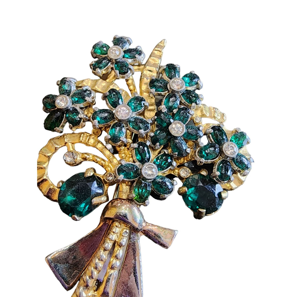 Vintage Heavy Plated Pot Metal Riveted Rhinestone Flower Brooch (A1815)