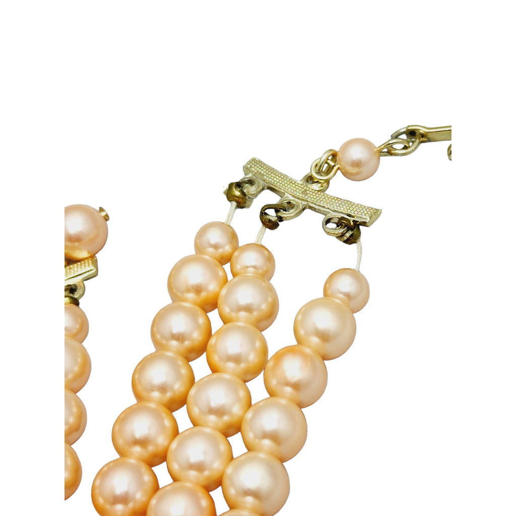 Vintage 50s Japanese Peach Color Luster Triple Strand Faux Pearl Necklace (A1192)