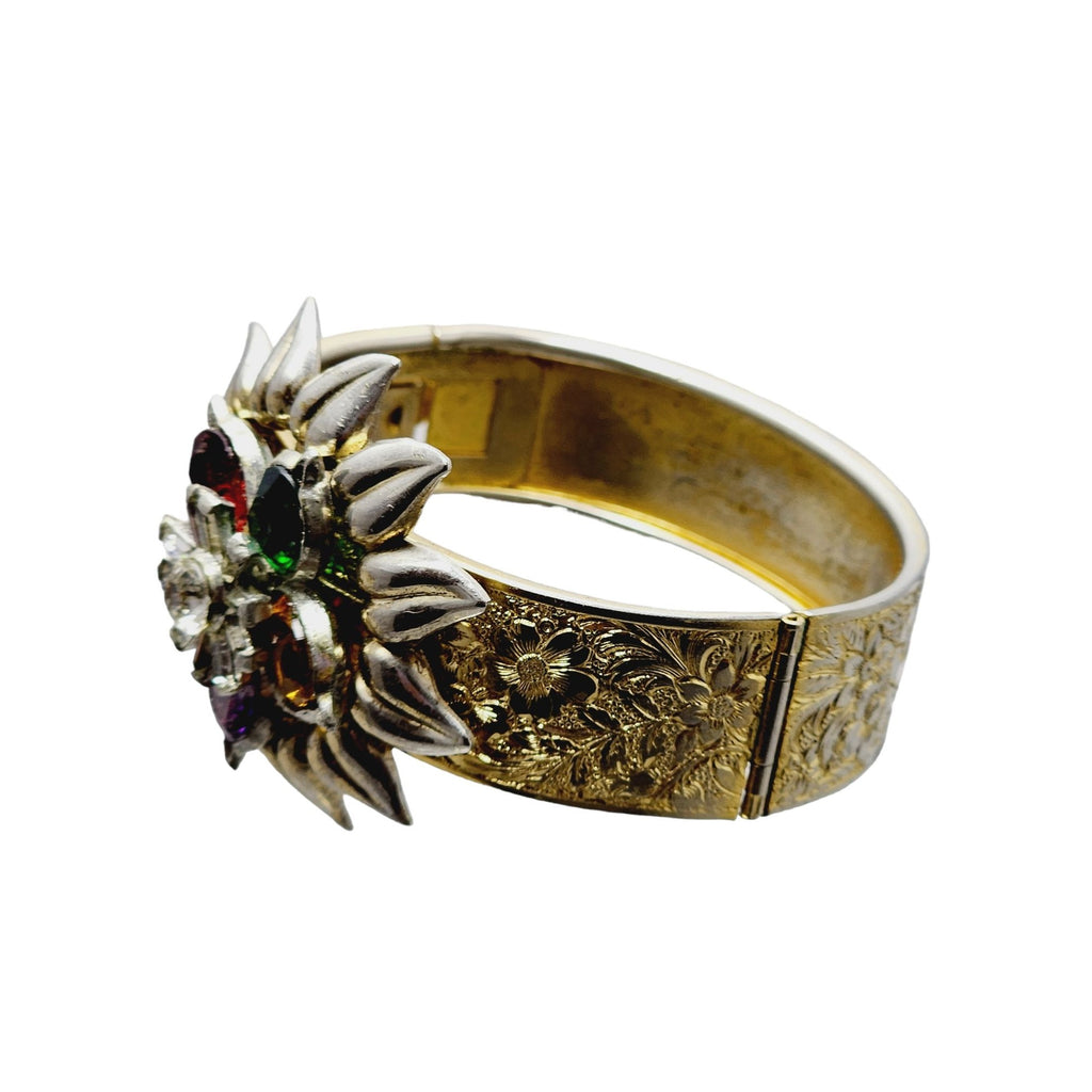 Stunning Antique Riveted Fruit Salad Glass Floral Embossed Bangle Bracelet